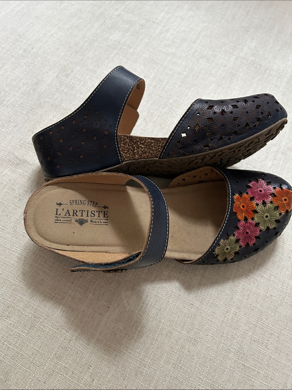 Spring Step L'artiste Spikey Floral Sandal Navy SZ 42 Leather Comfort Mary Jane - Picture 6 of 15